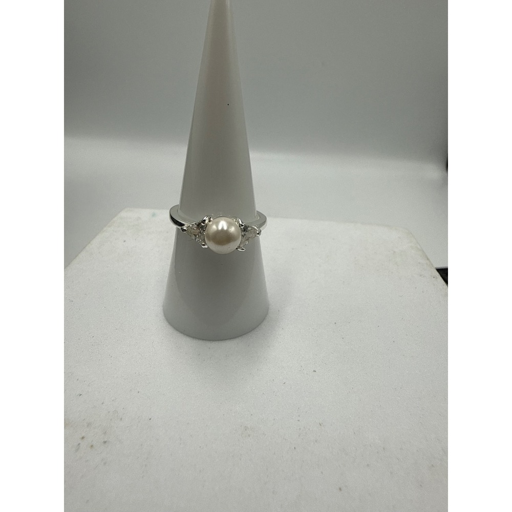 Silver Tone Faux Pearl Ring with Baguette Cubic Zirconia Accents Size 8.5